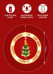Detailed view of LED Christmas ring light with green tree pendant and USB power port
