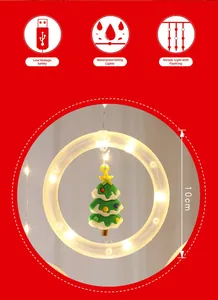 Detailed view of LED Christmas ring light with green tree pendant and USB power port