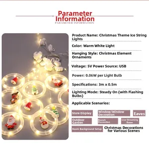 Detail view of 3m Christmas icicle lights with warm white LED rings and festive charms