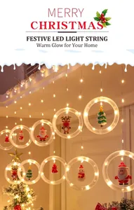 Detail of warm LED Christmas ring lights with hanging Santa, elk, and snowman figures