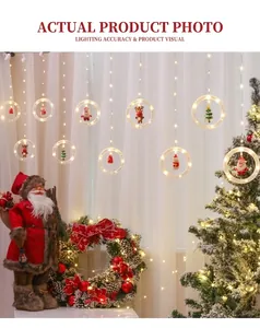 Detail of warm white LED Christmas ring curtain lights with Santa and reindeer figurines