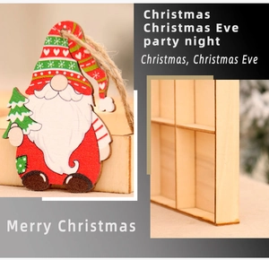 Detail of wooden Christmas gnome ornament with green tree and hemp rope hanger