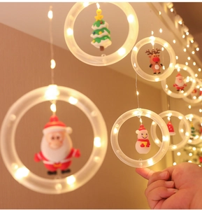 Detail of warm LED Christmas ring lights with hanging Santa and snowman decorations