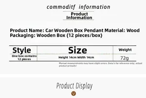 Detailed chart showing 12pcs wooden Christmas car ornaments with dimensions 14x14cm