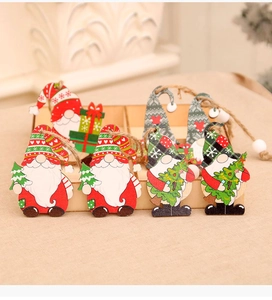 Detail view of 12 festive wooden gnome ornaments with strings and beads for Christmas trees