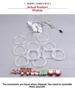 Detail of Christmas LED ring lights with USB power and festive hanging ornaments