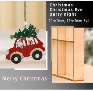 Detail of wooden Christmas car pendant with gnome and tree, set against a rustic background