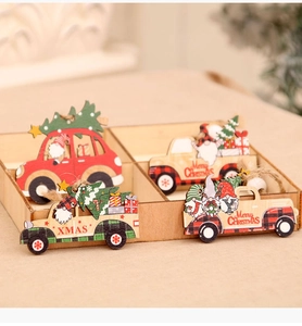 Detailed view of wooden Christmas car ornaments with gnomes in a rustic storage box