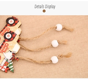 Close-up of wooden Christmas car ornaments with plaid patterns and jute rope hangers