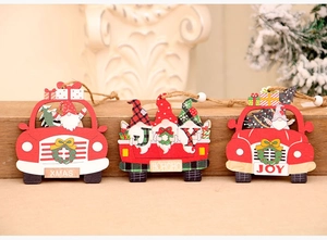 Detailed view of three wooden Christmas car ornaments with gnomes and festive holiday motifs