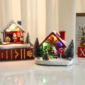 Christmas Resin Glowing House LED Miniature Santa Claus Ornament Village Scene For Holiday Mall Home Table Decor