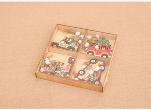 Set of 4 vintage wooden Christmas car ornaments in a wooden box with twine hangers