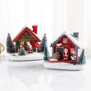 Light-up Christmas resin house miniatures with Santa Claus and snowy pine trees