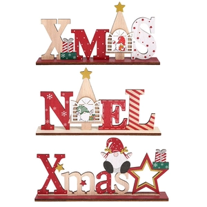 Three Nordic style wooden Christmas table signs with XMAS NOEL lettering and gnomes