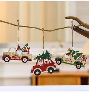 Close-up of rustic wooden Christmas car pendants featuring festive gnomes and trees