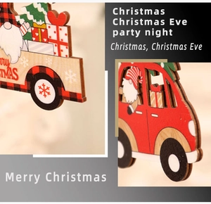 Detail of laser-cut wooden Christmas car ornaments with gnome and plaid patterns
