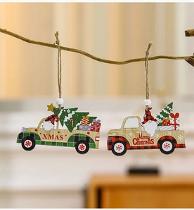Detail of wooden vintage Christmas truck ornaments with Xmas gnome and festive greetings