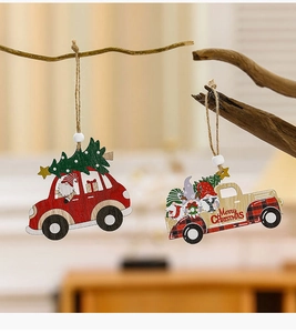 Detail of wooden Christmas gnome car ornaments with Merry Christmas and JOY text