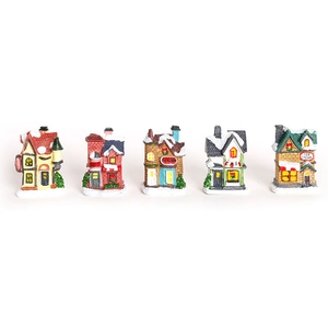 5-piece set of illuminated Christmas village resin houses with snow decor