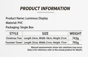Size chart for LED Christmas music box showing dimensions and weight for tree and fountain models