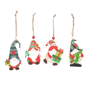 Set of 4 festive wooden Christmas gnome ornaments with hanging ropes for tree decoration