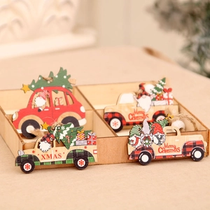 Set of 12 wooden Christmas car ornaments in a box for tree hanging festive decorations