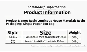 Detailed size chart for musical rotating resin Christmas house with dimensions and weight
