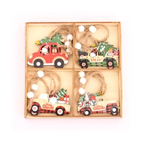 Set of 4 Christmas wooden car pendants with Santa and Xmas tree in a gift box
