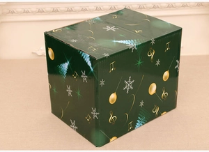 Detail of Christmas music box packaging with gold musical notes and snowflake patterns