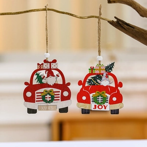 Set of two red wooden Christmas car ornaments with gnomes and trees for festive holiday decor