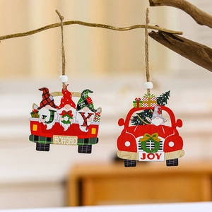 Three-pack of wooden Christmas ornaments featuring gnomes in red trucks with JOY text