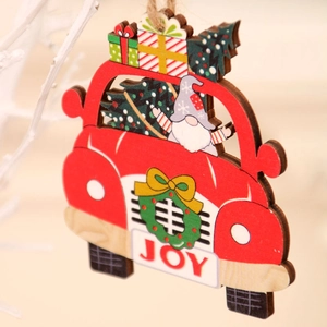 Wooden Christmas car pendant featuring a festive gnome, pine tree, and JOY license plate