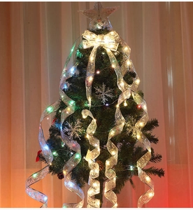 Detail of silver mesh LED ribbon and star topper glowing on a Christmas tree