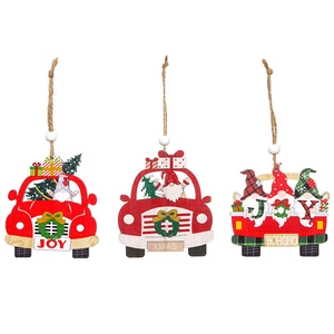 Three wooden Christmas gnome ornaments with red truck and holiday greetings for tree decor