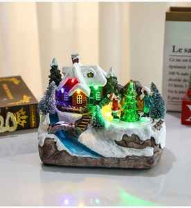 Detailed view of LED lighted Christmas snow house resin ornament with miniature figures