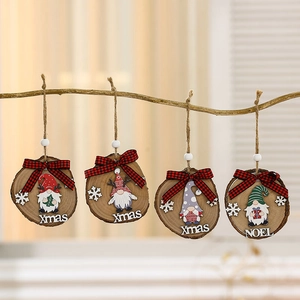 Ornamenti in Fette di Legno di Natale Con Gnomo Fiocco a Quadri Rosso Nero Fiocchi di Neve Bianchi Xmas Noel Decorazione