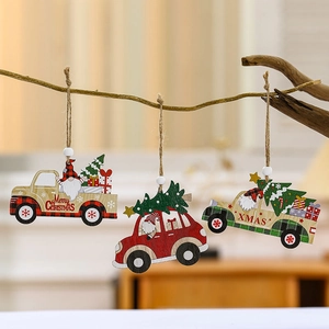 Wooden Christmas car ornaments set with gnomes and trees for festive tree decoration
