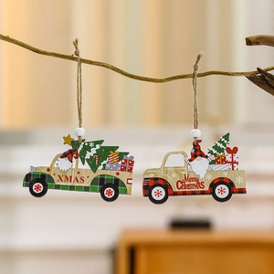 Set of two wooden Christmas truck gnomes hanging ornaments with twine and beads