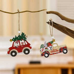 Christmas wooden car hanging ornaments with gnome and tree motifs for holiday tree decor