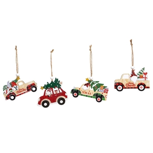 Four festive painted wooden Christmas car ornaments with gnomes for tree decorations