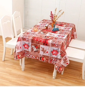 Detailed Christmas tablecloth with red festive elk patterns and wood grain digital print