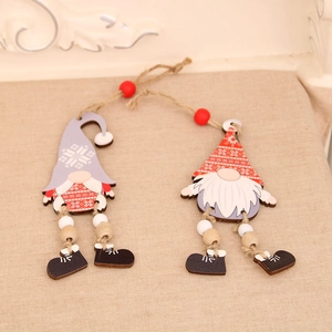 Set of two wooden Christmas gnome pendants with beaded hanging ropes for tree decoration