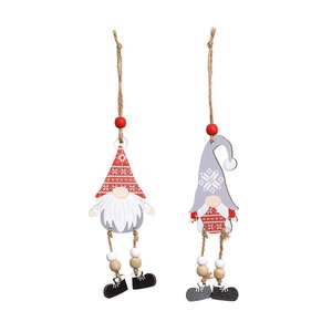 Set of two Christmas wooden gnome ornaments with snowflake hats and hanging beads