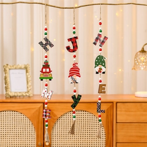 Christmas Wooden Beads Hanging Ornament Plaid Pattern Gnome Truck Design Hemp Rope Tassel For Home Christmas Tree Decoration