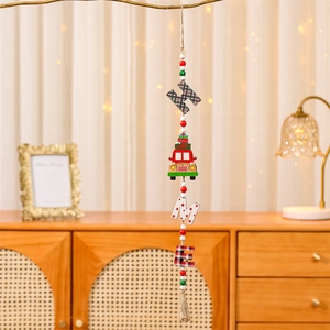 Christmas wooden HOME pendant with colorful beads, gnome truck design, and rustic jute tassel