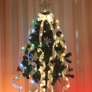 LED Christmas ribbon lights in silver mesh wrapped around a tree with warm glow