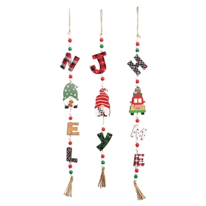 Three-piece Christmas wooden bead garlands with gnome truck NOEL JOY HOME charms and tassels