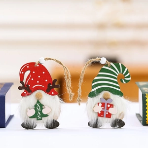 Set of 2 Christmas wooden gnomes ornaments with reindeer antlers and XMAS tree