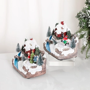 Rotating musical Christmas resin house scene with miniature snow village and skaters