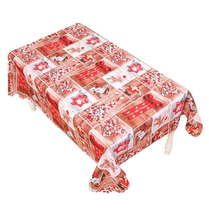 Christmas plaid rectangular tablecloth featuring Santa, reindeer, and tree patterns